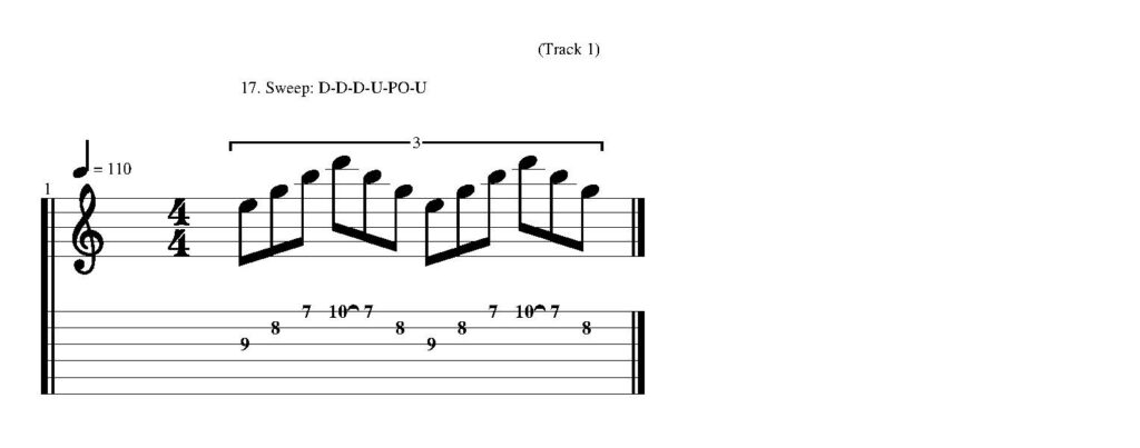 Basic sweep picking pattern and exercise using an E minor 7th arpeggio